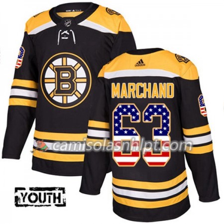 Camisola Boston Bruins Brad Marchand 63 Adidas 2017-2018 Preto USA Flag Fashion Authentic - Criança